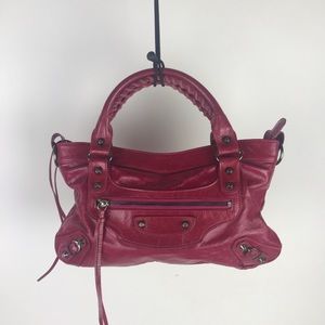 Balenciaga City Leather Bag fringe red burgandy